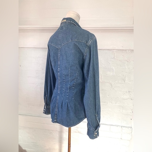 Replay Fitted Denim Pearl Snap Shirt Medium Wash Coastal Cowgirl Western Shacket - Picture 5 of 15